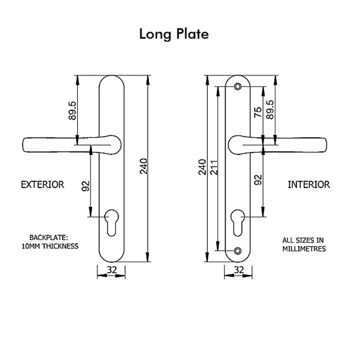 UPVC Door Handle 92PZ Long Plate 240mm - For PVC Composite Doors