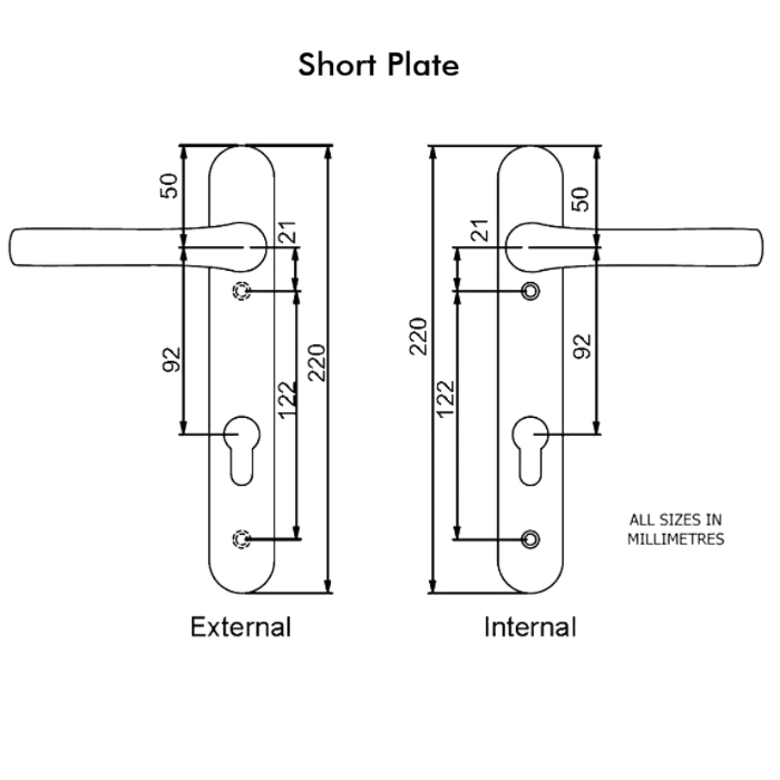 UPVC Door Handle 92PZ Short Plate 220mm - For PVC Composite Doors