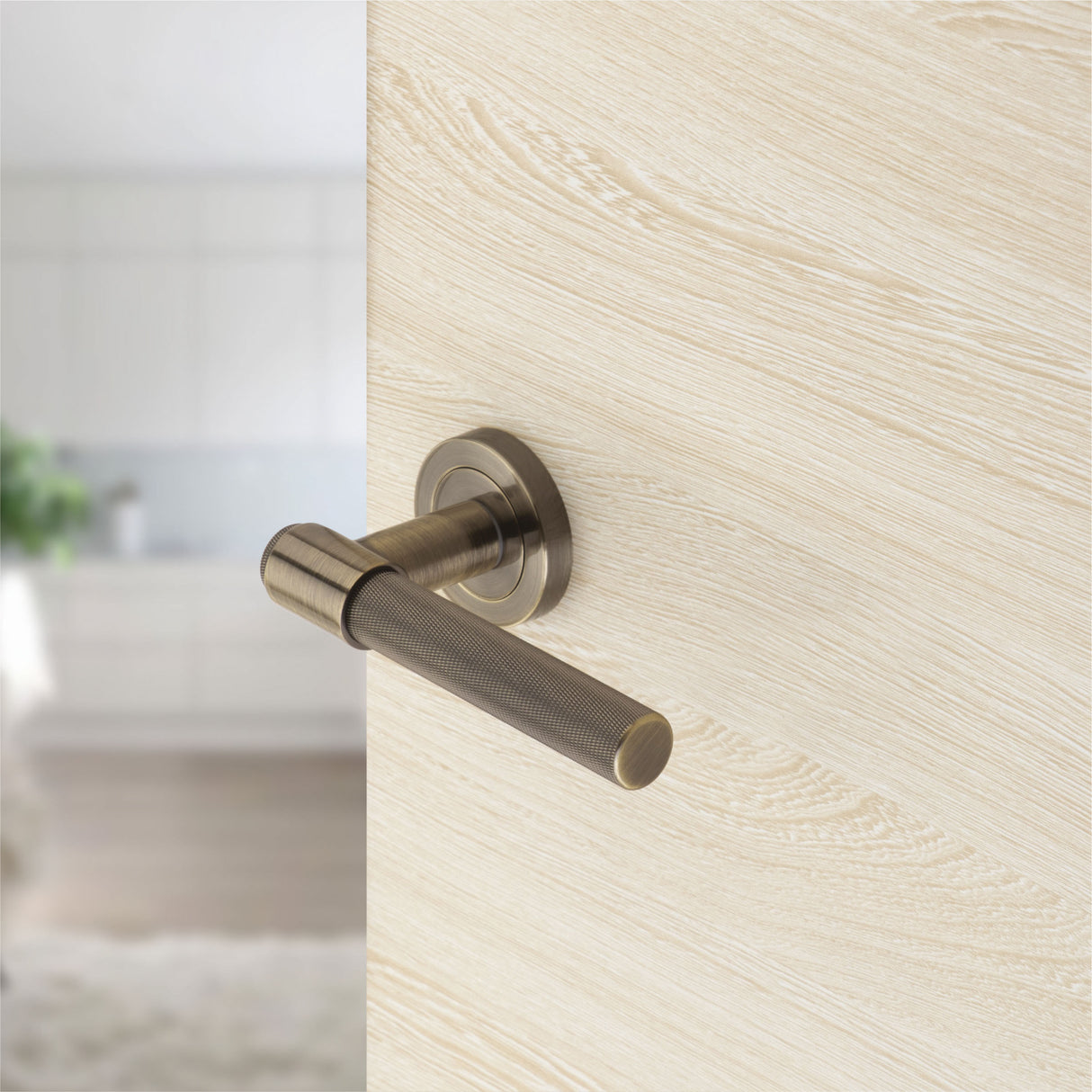 Knurled Door Handle Lever on Rose - Chrome, Antique Brass