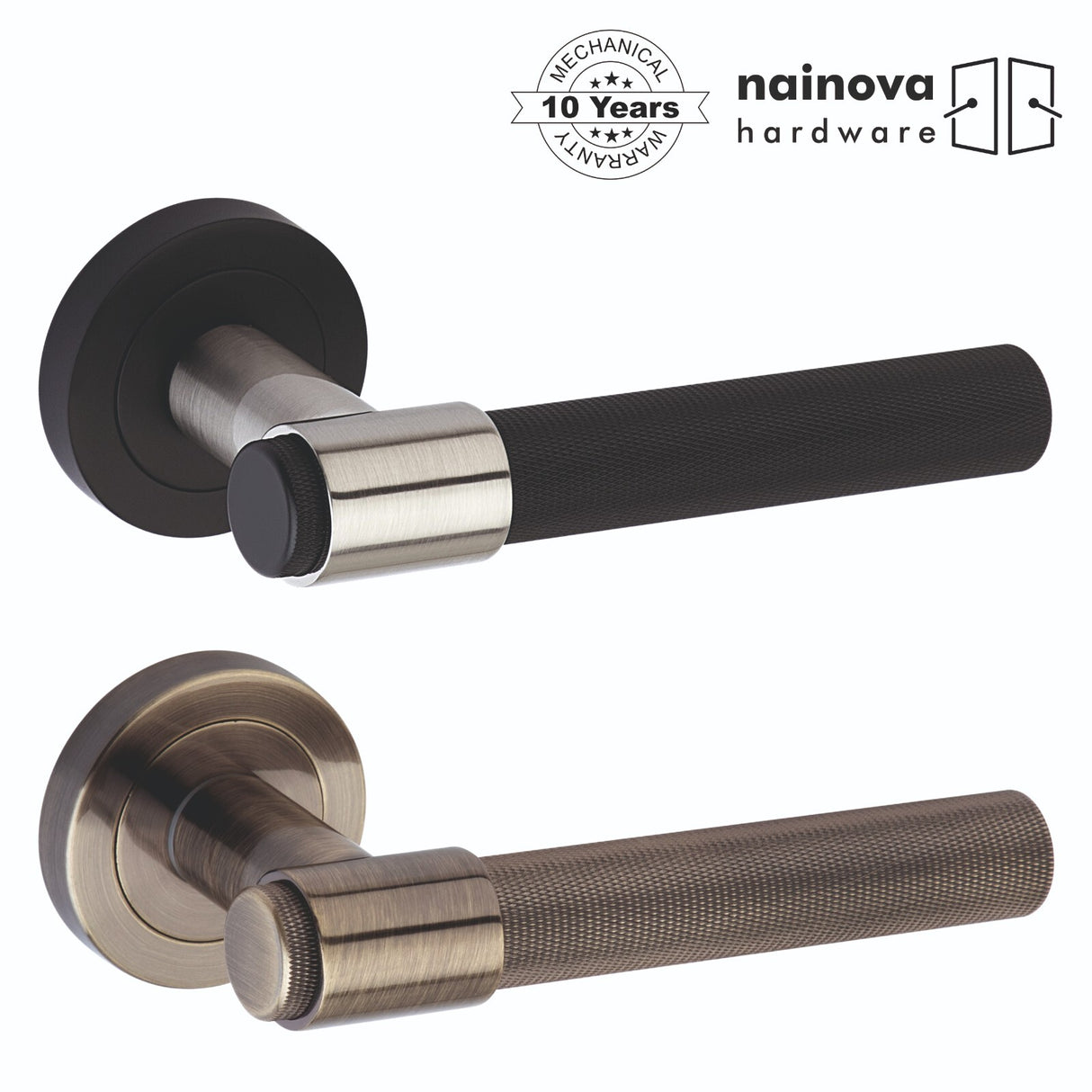 Knurled Door Handle Lever on Rose - Chrome, Antique Brass