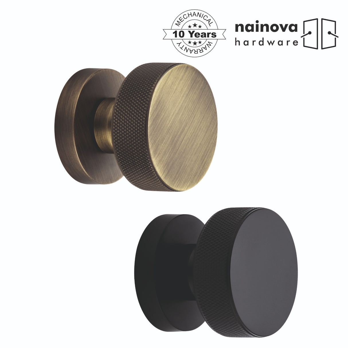 Knurled Door Mortice Knob on Rose | Black & Antique Brass