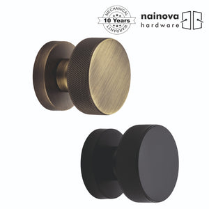 Knurled Door Mortice Knob on Rose | Black & Antique Brass