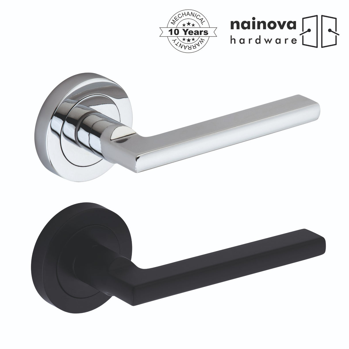 Milton Door Handle Lever on Rose - Chrome, Black