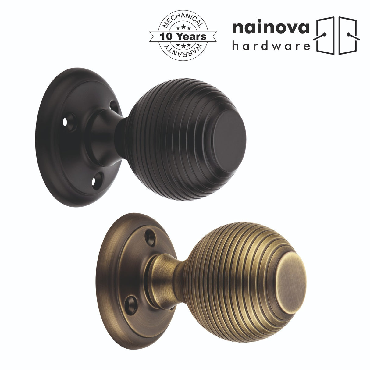 Beehive Mortice Door Knob on Rose | Black & Antique Brass
