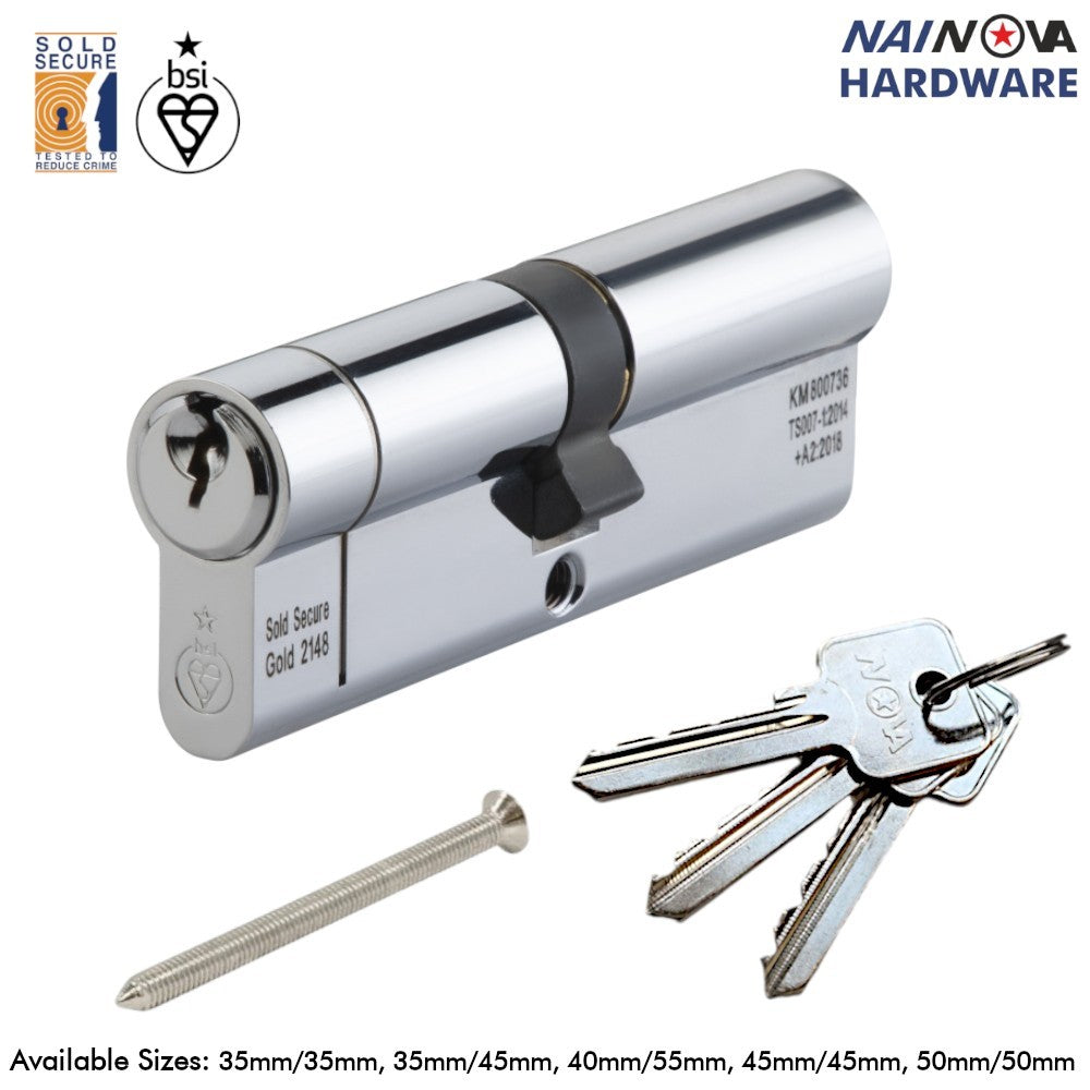 Euro Cylinder Door Lock TS007 1 Star Anti-Snap Chrome 3 Keys - NOVA