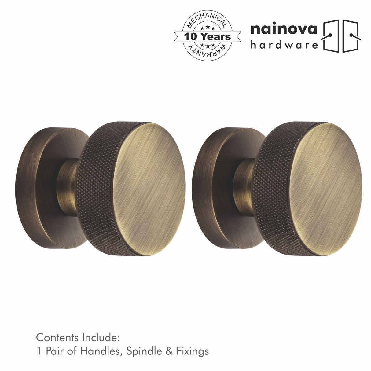 Knurled Door Mortice Knob on Rose | Black & Antique Brass