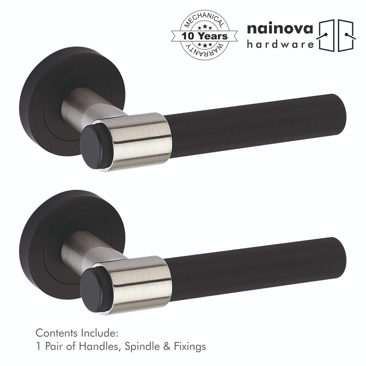 Knurled Door Handle Lever on Rose - Chrome, Antique Brass