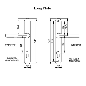 UPVC Door Handle 92PZ Long Plate 240mm - For PVC Composite Doors