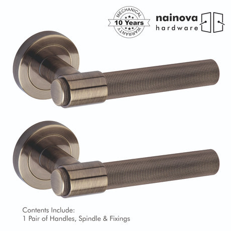 Knurled Door Handle Lever on Rose - Chrome, Antique Brass