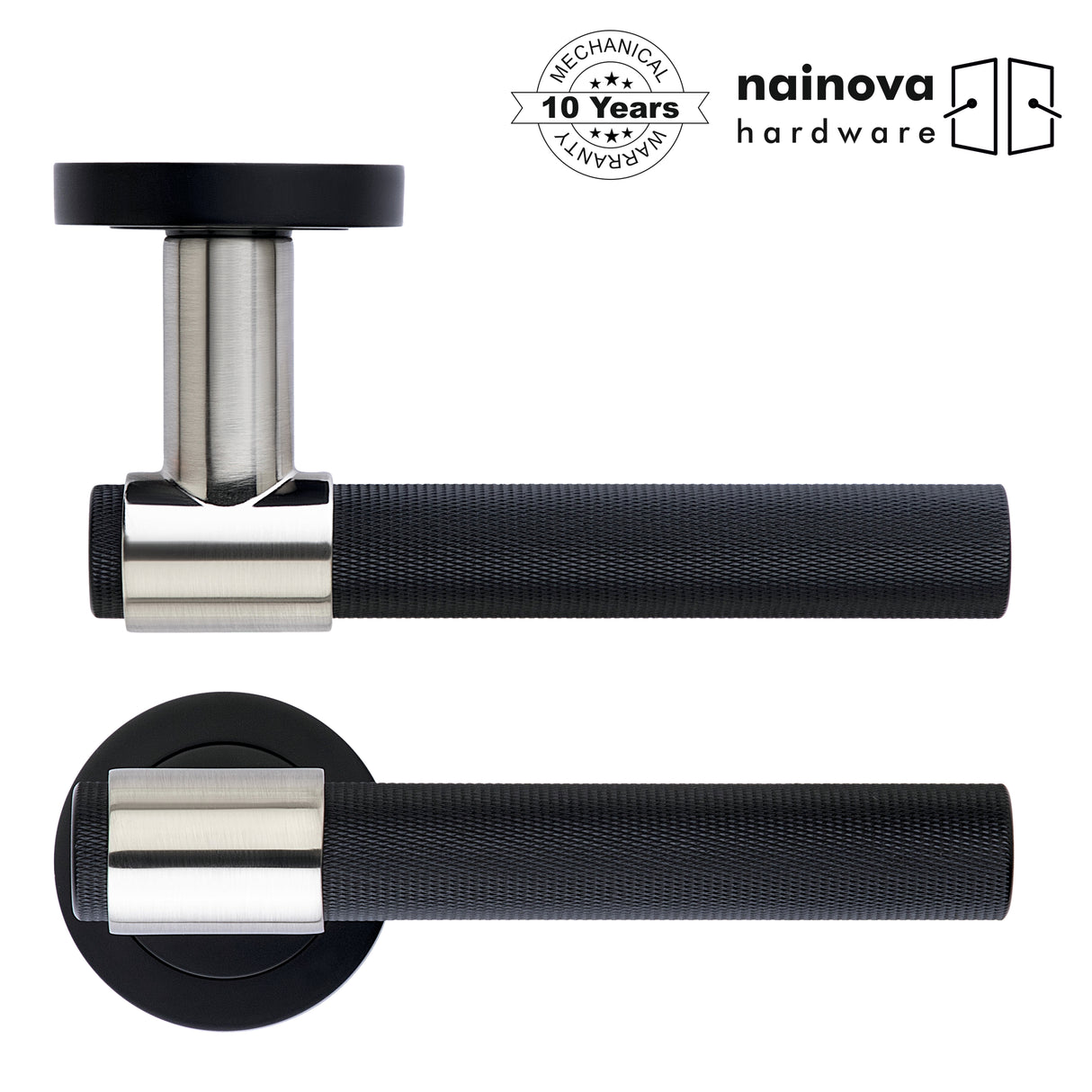 Knurled Door Handle Lever on Rose - Chrome, Antique Brass