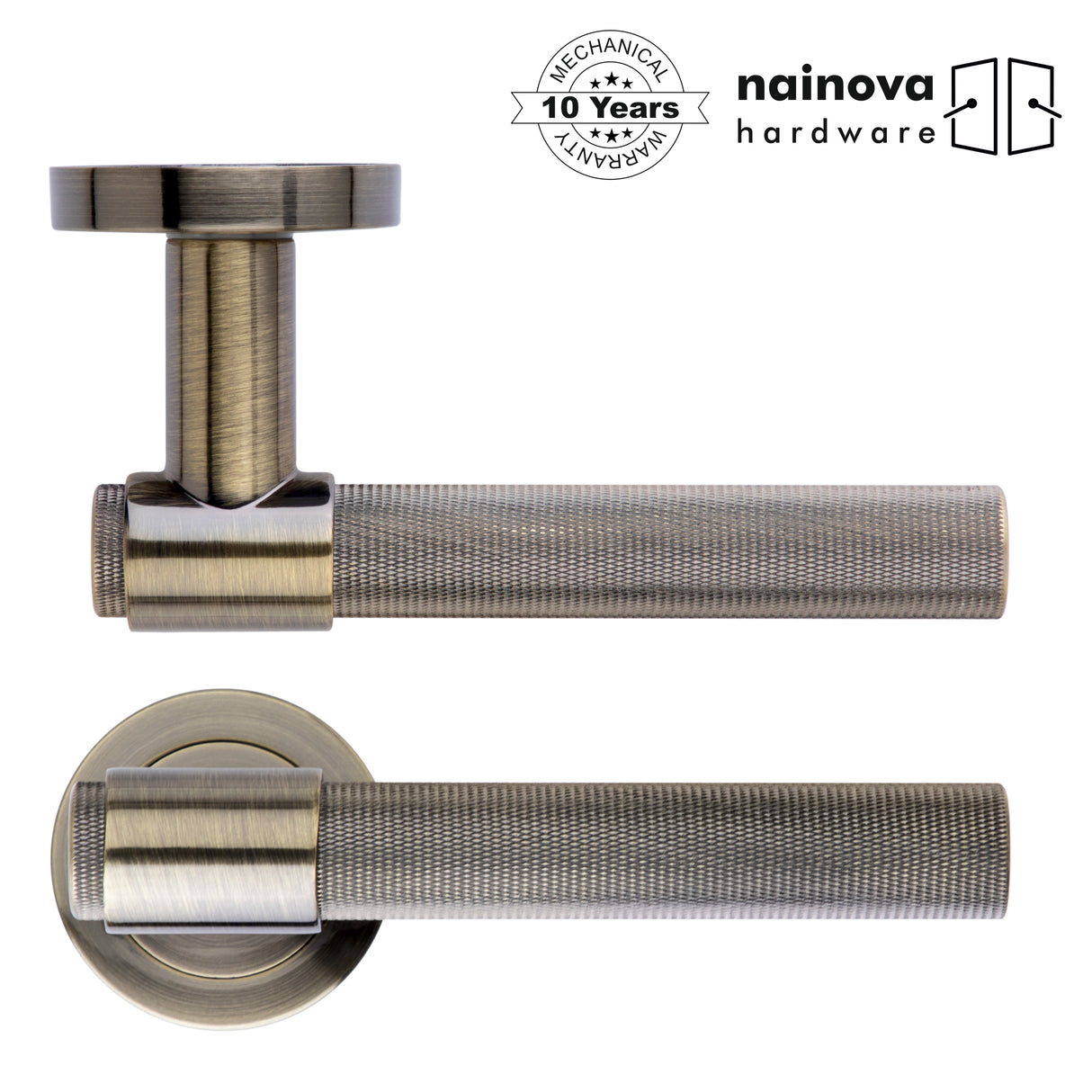 Knurled Door Handle Lever on Rose - Chrome, Antique Brass