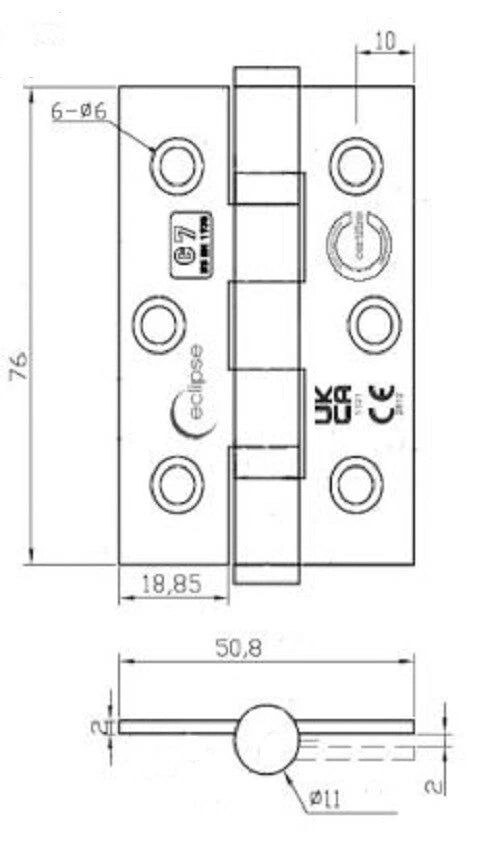 Internal Door Hinges Eclipse 76x52mm Ball Bearing Grade 7, Includes Screws, 1 Pair